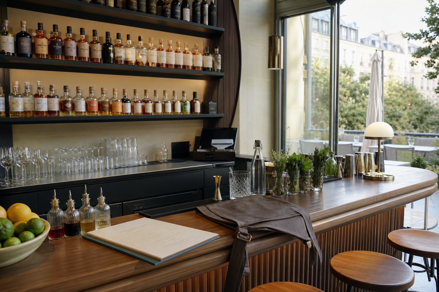 Intérieur d’un bar à mocktails sans alcool en cours d’ouverture, avec comptoir premium, verrerie et terrasse visible, ambiance CHR française