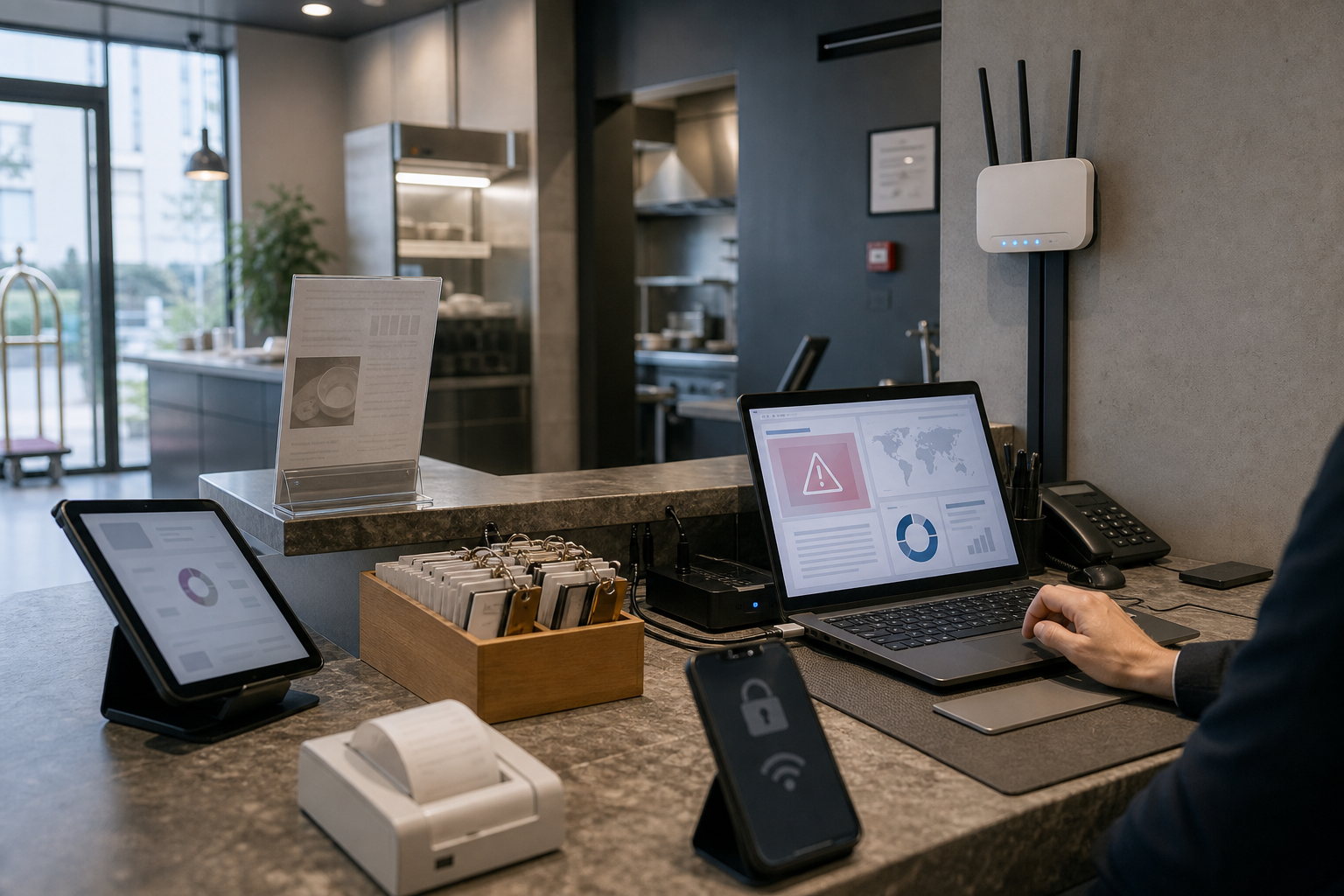 Réception d’hôtel CHR avec matériel numérique, réseau Wi‑Fi et ambiance de cybersécurité, illustrant les fraudes et la procédure RGPD en cas de violation de données.