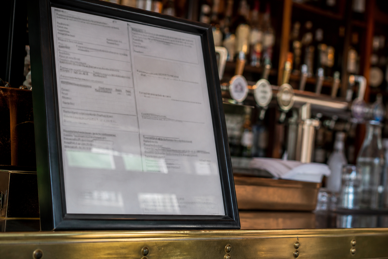 Cadre affiché derrière un comptoir de bar parisien, avec document réglementaire flou et éléments de service visibles.