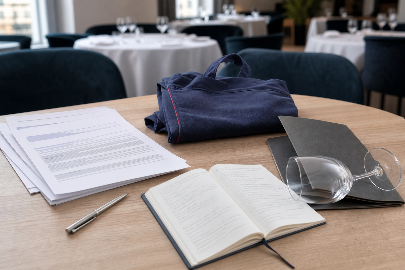 Vue plongeante d’un bureau CHR avec documents de VAE, tablier de service, livret de recettes et menu de restaurant pour illustrer la transformation de l’expérience en diplôme reconnu.