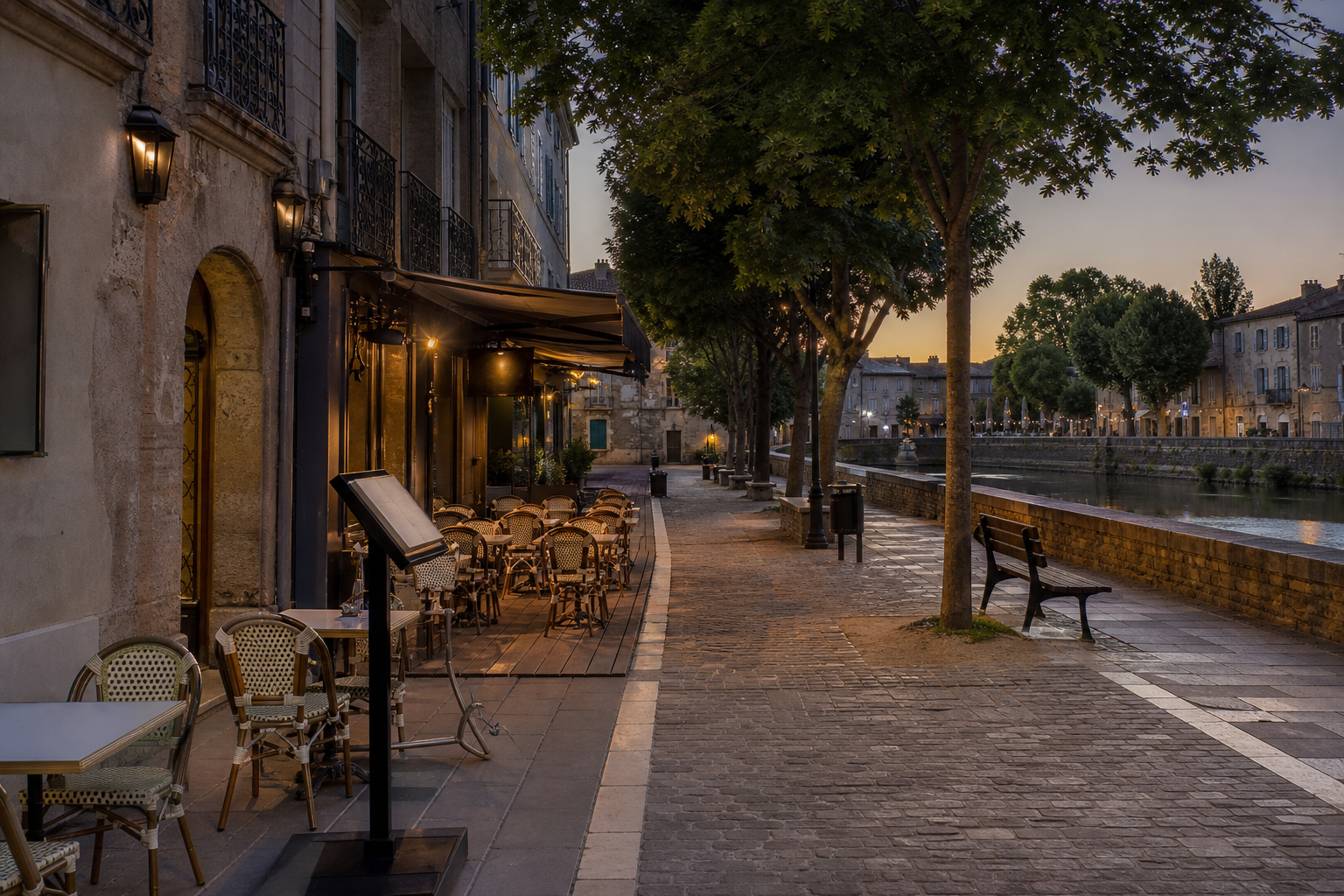 Terrasse de café autorisée dans un secteur historique de Carcassonne, au bord d’un espace public urbain en soirée.