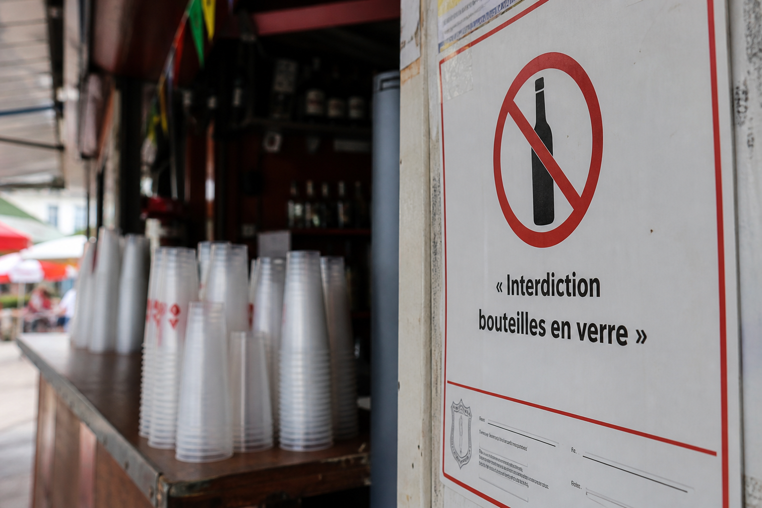 Affiche d’interdiction des bouteilles en verre à l’entrée d’un bar, avec comptoir flou en arrière-plan à Fort-de-France.