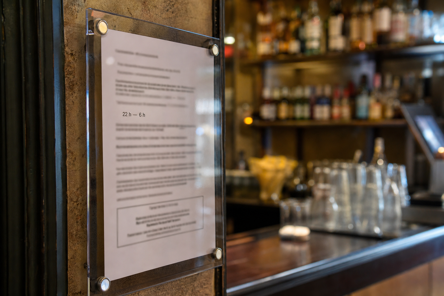 Gros plan sur un affichage réglementaire dans un bar, avec la mention 22 h–6 h et un comptoir flou en arrière-plan.