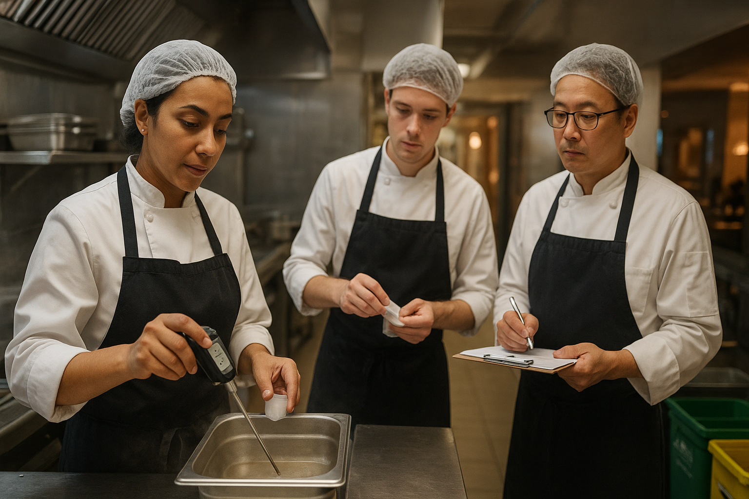 Équipe en cuisine professionnelle française contrôlant la température et une checklist HACCP, avec bacs de tri dont biodéchets visibles, illustrant la rigueur réglementaire comme gage de sérieux en CHR.
