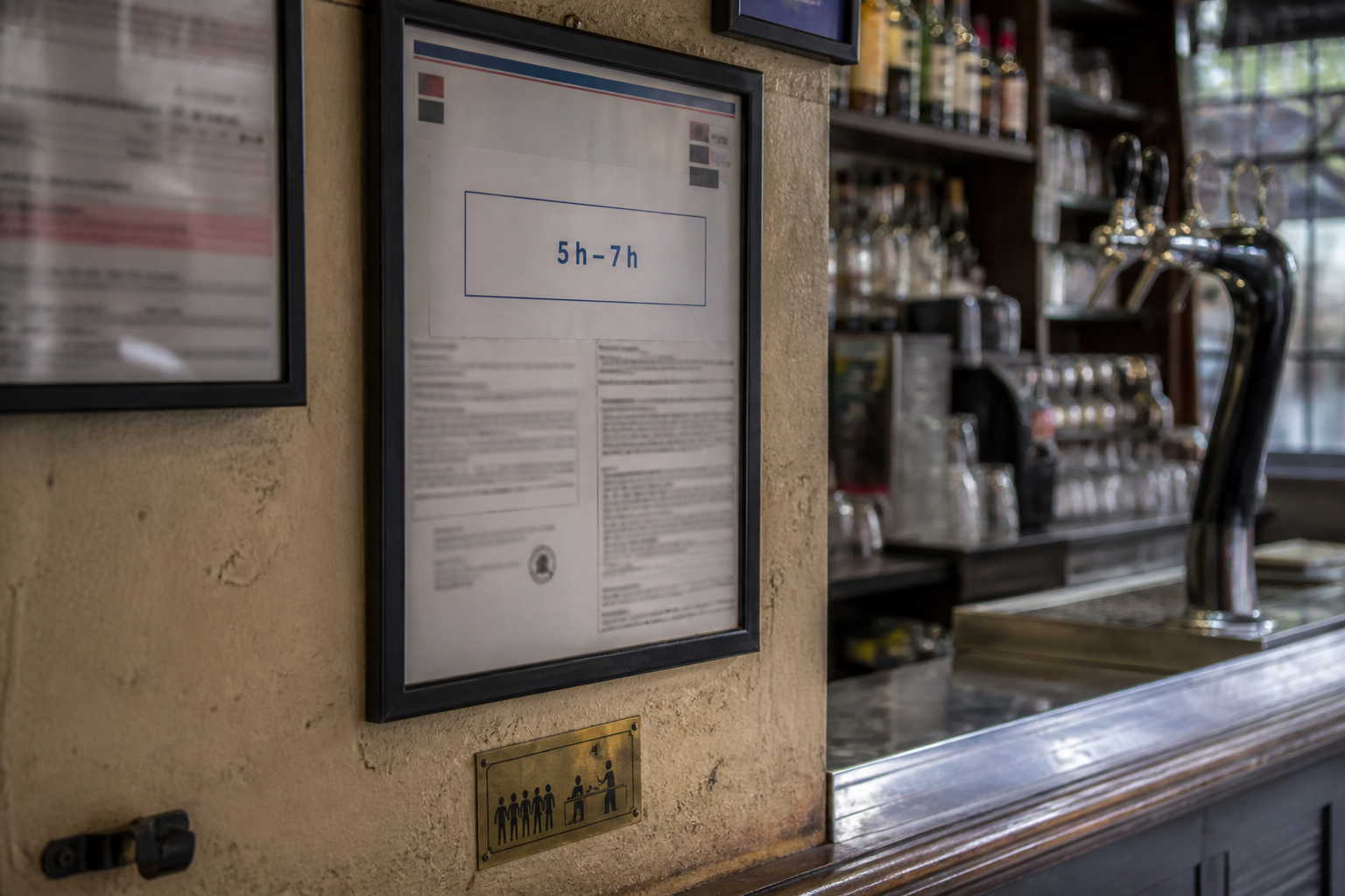 Gros plan sur une signalétique d’horaires dans un bar, avec la mention 5 h–7 h et un comptoir flou en arrière-plan.