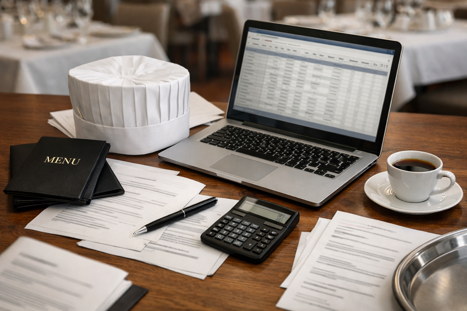 Vue plongeante d’un bureau CHR avec menu, toque de chef, ordinateur et documents pour illustrer la période de reconversion AKTO