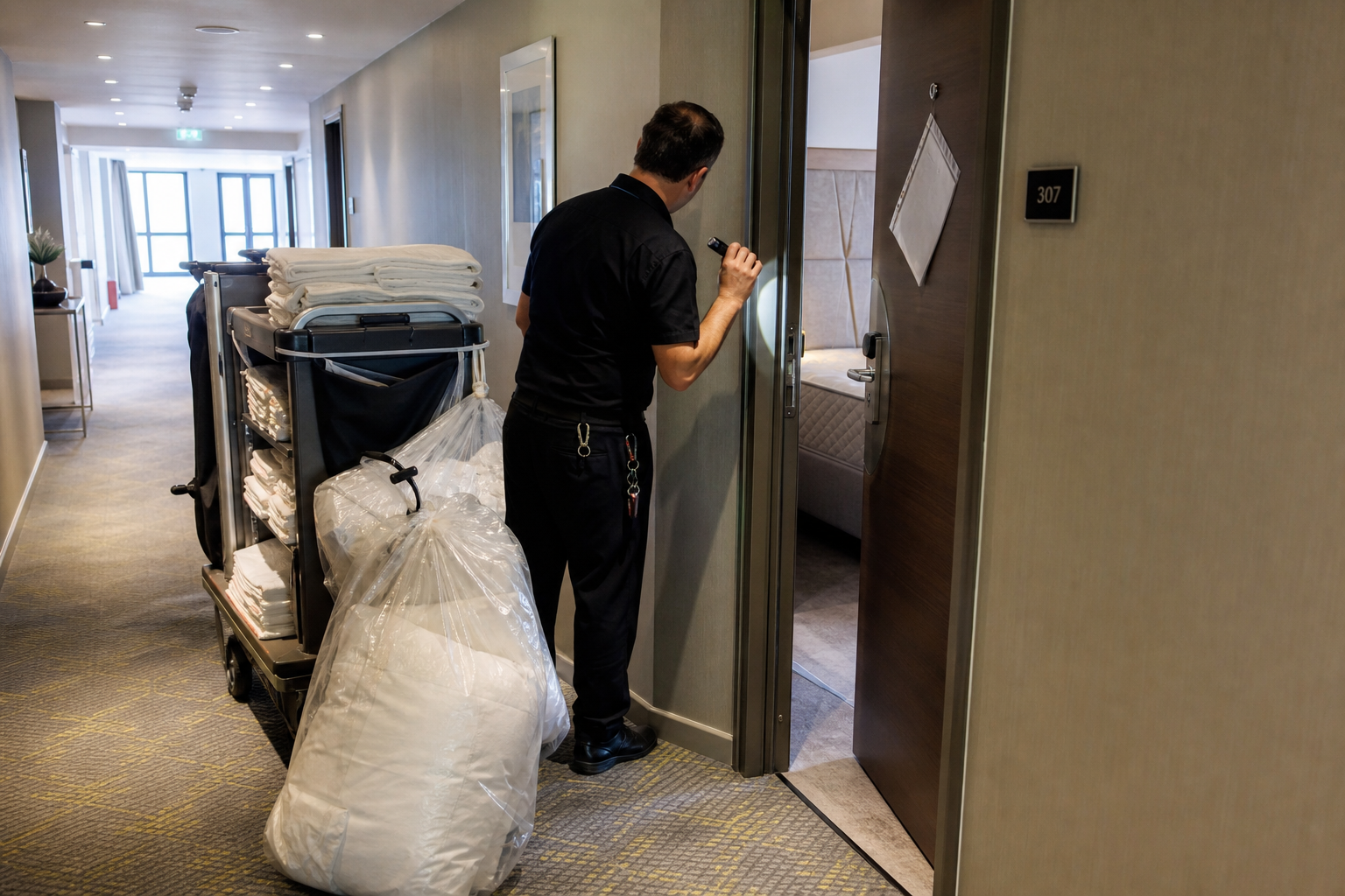 Chambre d’hôtel mise hors service après suspicion de punaises de lit, avec chariot de housekeeping et couloir d’établissement en arrière-plan.