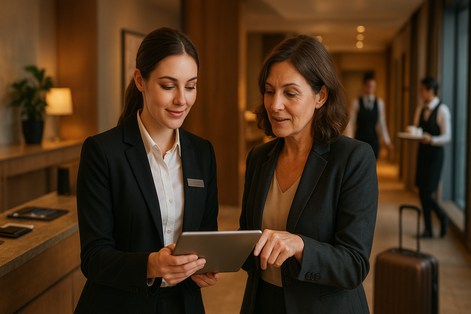 Deux professionnelles échangent à la réception d’un hôtel en France, avec en arrière-plan une employée d’étage et un serveur, illustrant la diversité des métiers de l’hôtellerie et les évolutions de carrière après une formation.