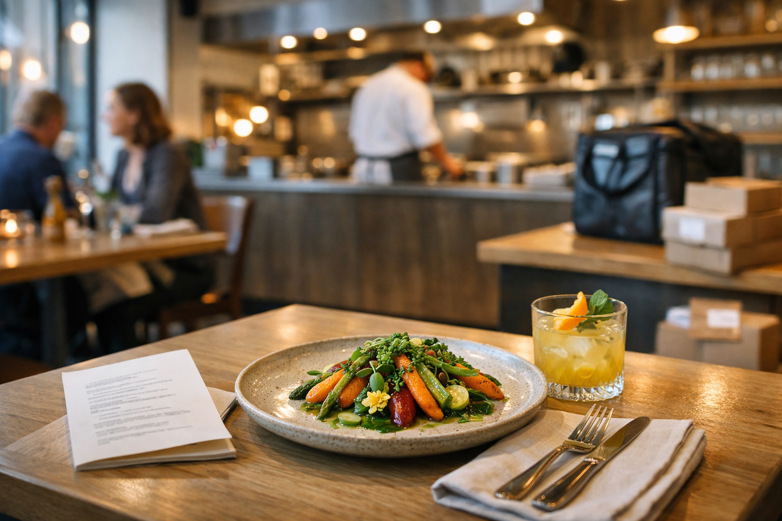 Restaurant français moderne avec plat végétal premium, mocktail, cuisine ouverte et indices de livraison pour illustrer les tendances de consommation 2026