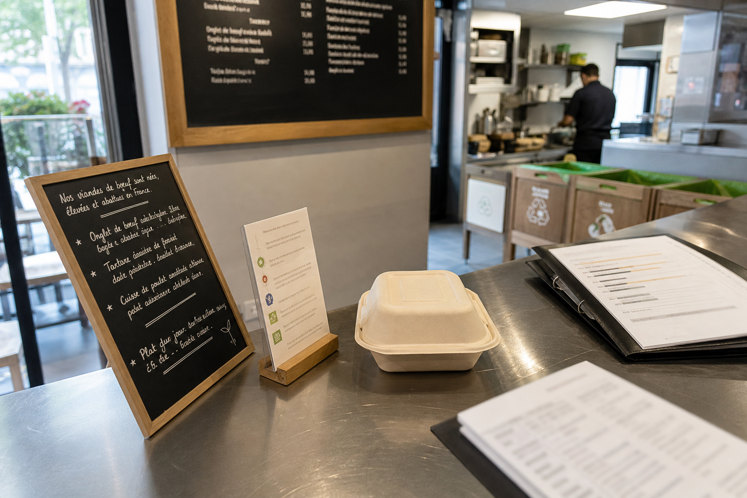 Restaurant français en 2026 avec ardoise, dossier de traçabilité, emballage doggy bag et zone de tri des biodéchets, illustrant la conformité EGAlim en restauration commerciale.