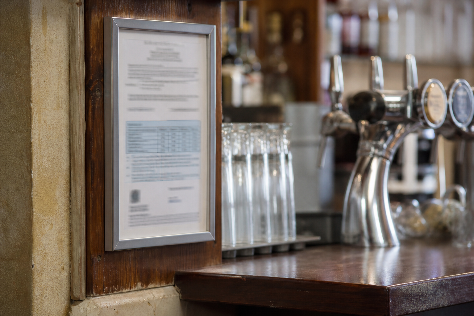 Gros plan sur un affichage encadré dans un bar, avec comptoir et tireuses flous en arrière-plan.