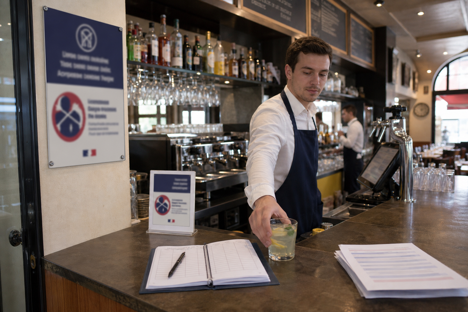 Bar français avec affichage obligatoire sur l’interdiction de vente d’alcool aux mineurs, registre de refus et ambiance de contrôle interne en CHR