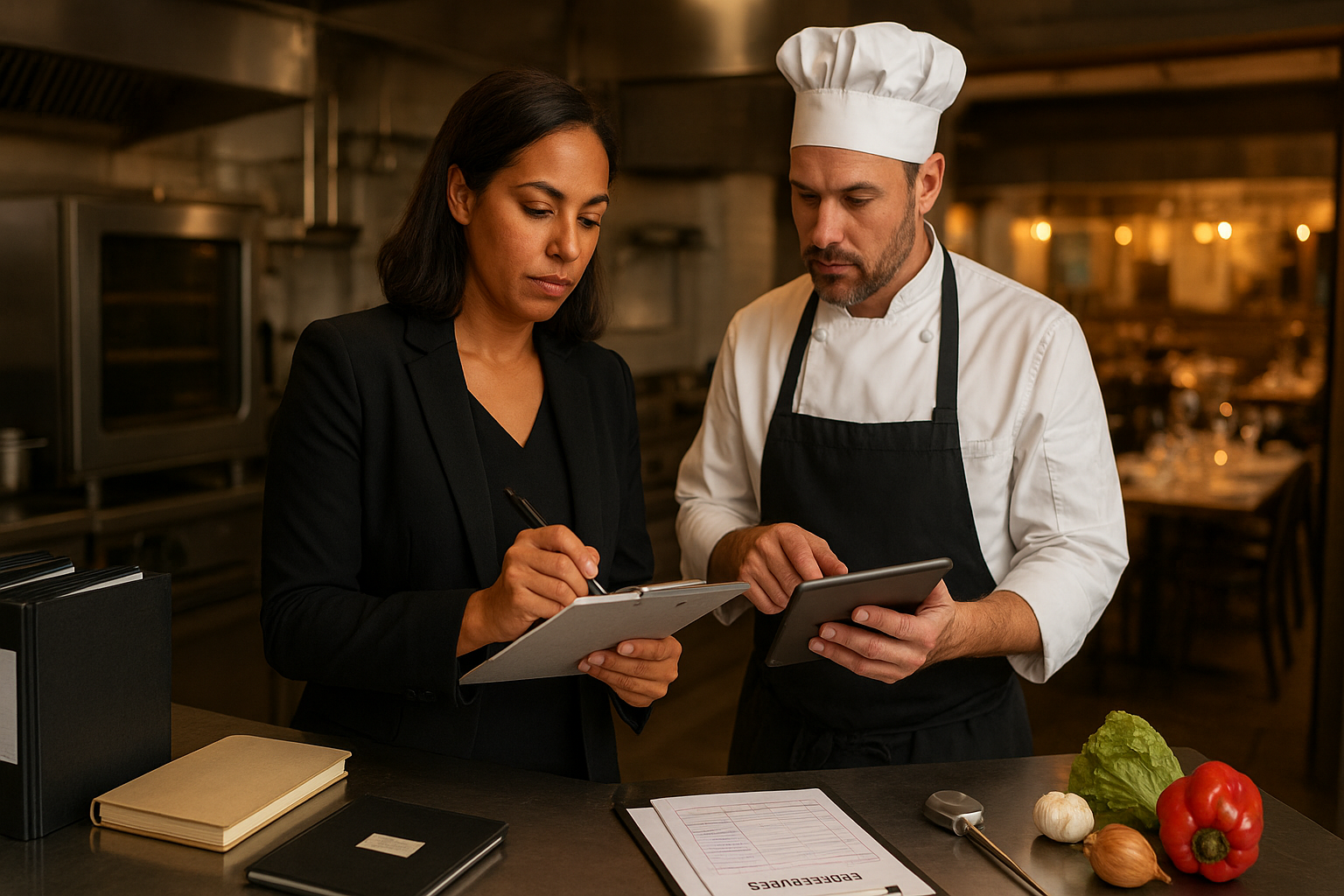 Équipe CHR dans une cuisine professionnelle française vérifiant une checklist et des dossiers avant l’ouverture d’un restaurant, avec la salle préparée en arrière-plan.
