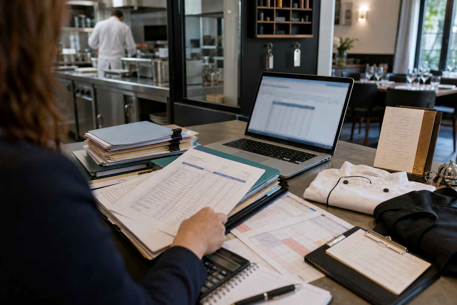 Bureau CHR avec dossiers de paie, plannings et documents de contrôle URSSAF, en arrière-plan une cuisine professionnelle et une salle de restaurant floue