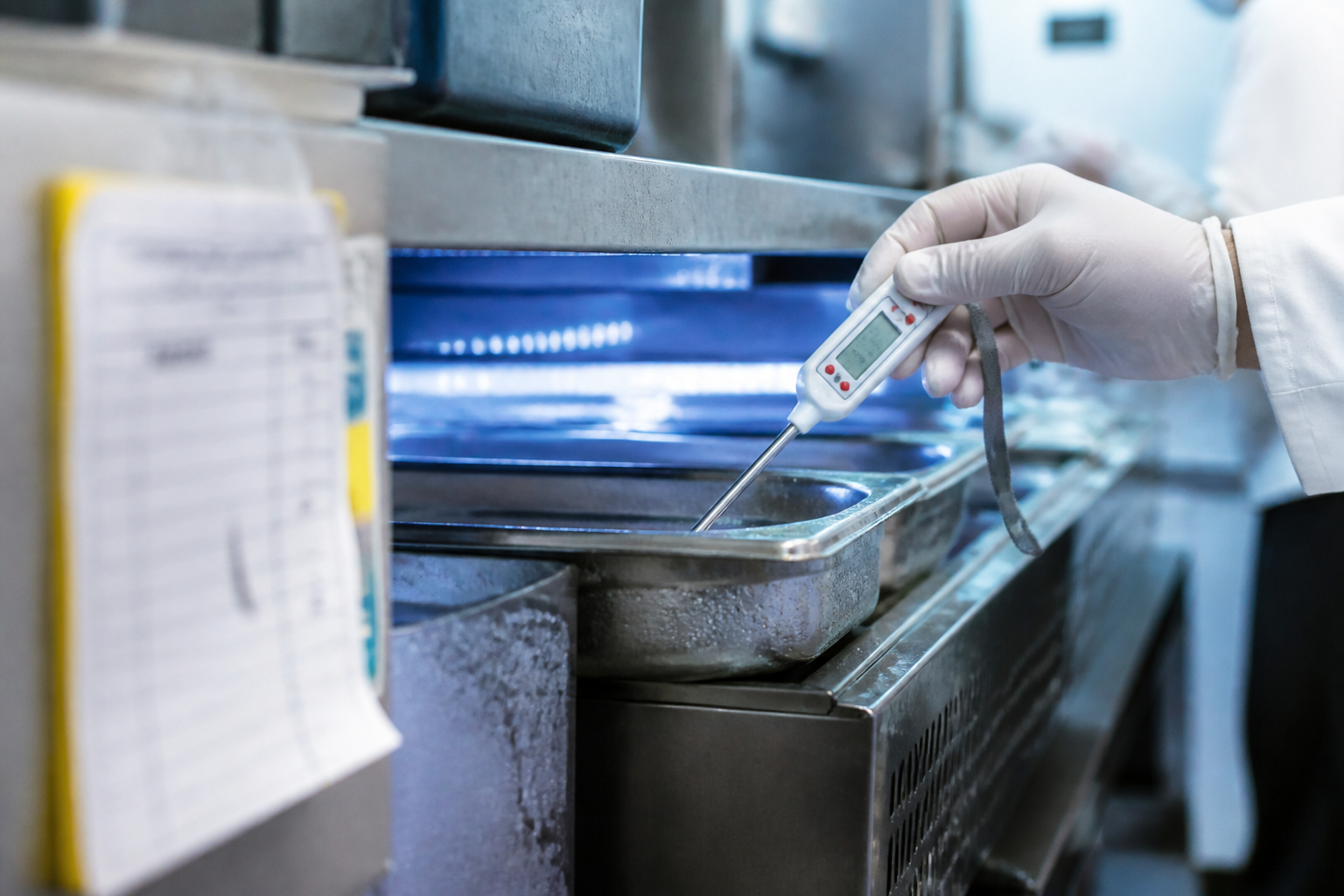 Gros plan sur une sonde de température dans un bac inox réfrigéré en cuisine professionnelle, avec condensation visible.