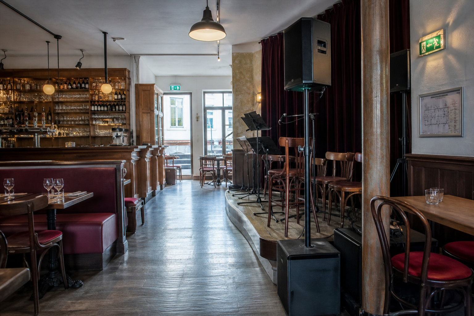 Salle de bar-restaurant vide aménagée pour un concert, avec petite scène, chaises alignées et circulation du public dégagée.