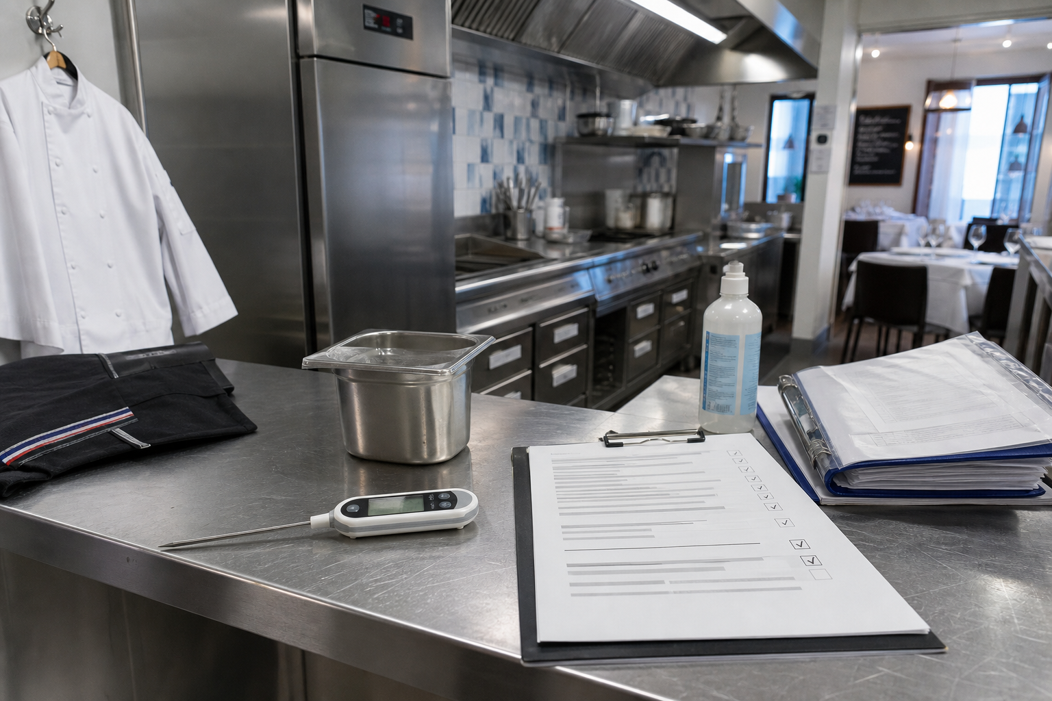 Cuisine de restaurant française avec thermomètre sonde, documents de traçabilité et matériel d’hygiène, illustrant un contrôle sanitaire DDPP.