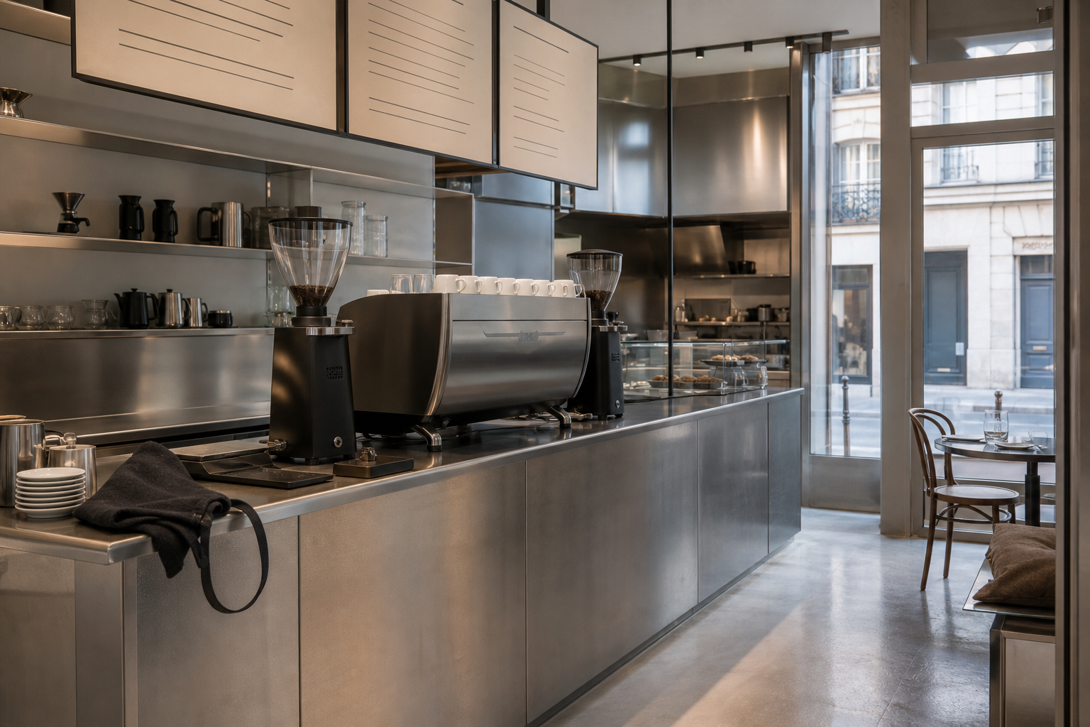 Coffee shop specialty vide avant ouverture avec comptoir professionnel, machine espresso, moulins et ambiance de café français en préparation