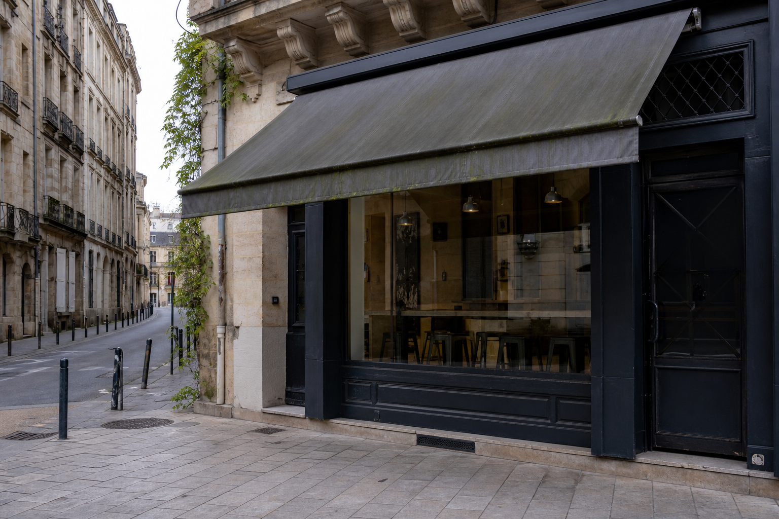 Devanture de bar fermée à Bordeaux, avec store baissé et intérieur de comptoir visible en arrière-plan.