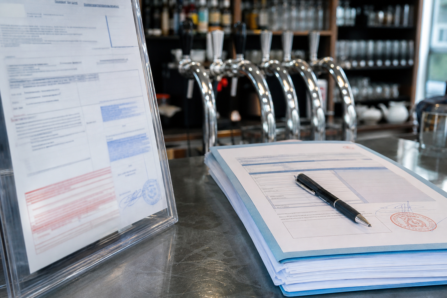 Gros plan sur des formulaires administratifs posés sur un comptoir de débit de boissons, avec tireuses floues en arrière-plan.