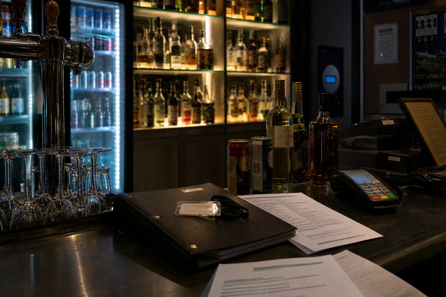 Comptoir de bar français avec bouteilles d’alcool mises en scène pour illustrer la vente d’alcool la nuit et la conformité PVBAN