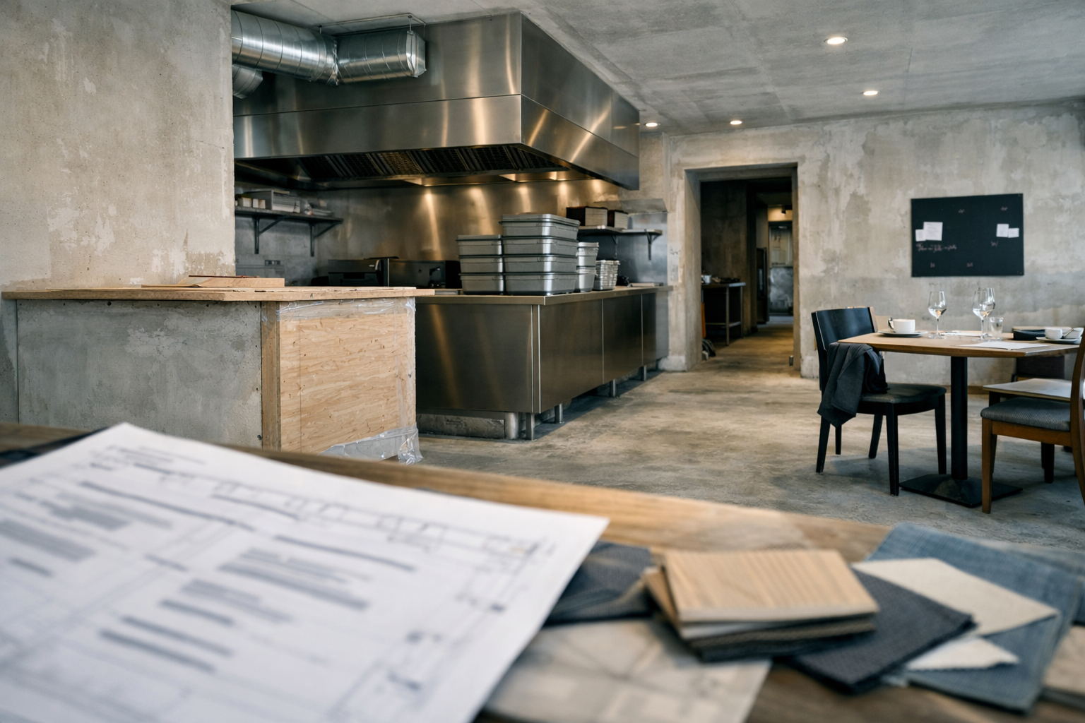 Restaurant français en travaux avant ouverture, avec plan d’aménagement, cuisine inox et extraction visibles, montrant les contraintes ERP et PMR.