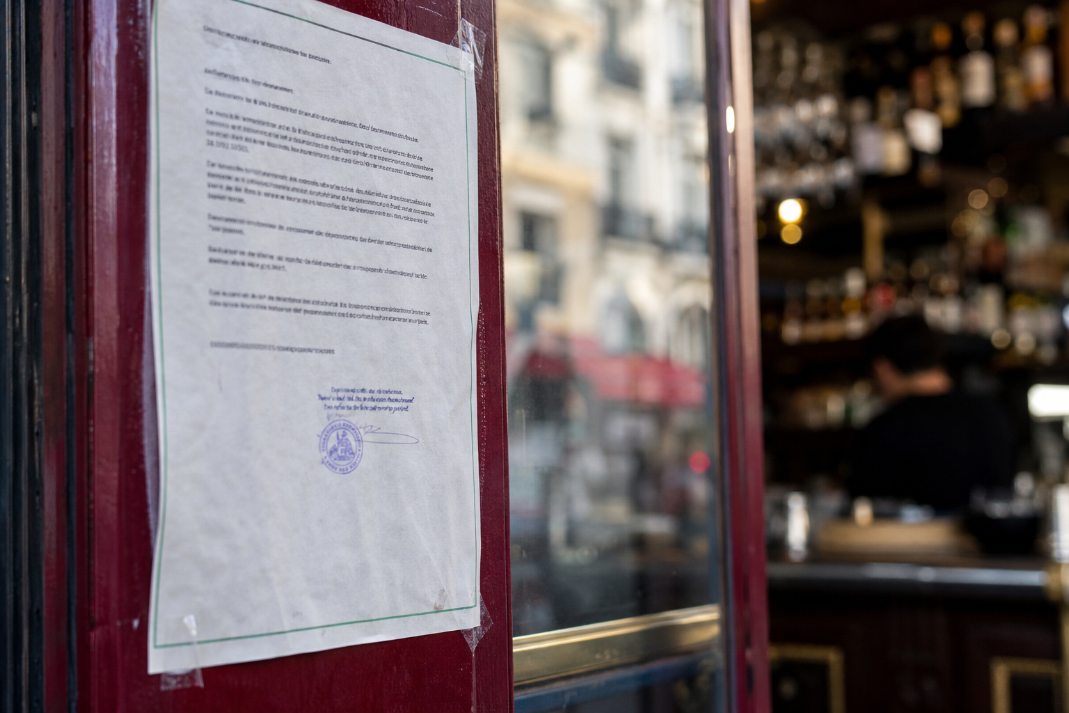 Gros plan sur un arrêté affiché près d’un comptoir de bar, avec bouteilles floues en arrière-plan dans un établissement.
