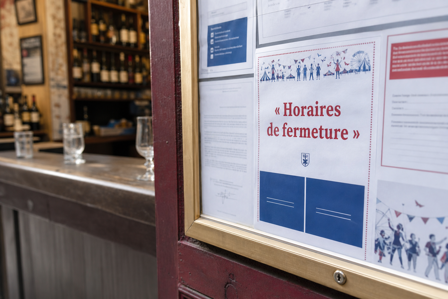 Gros plan sur un affichage d’horaires de fermeture dans un bar, avec comptoir et bouteilles flous en arrière-plan.