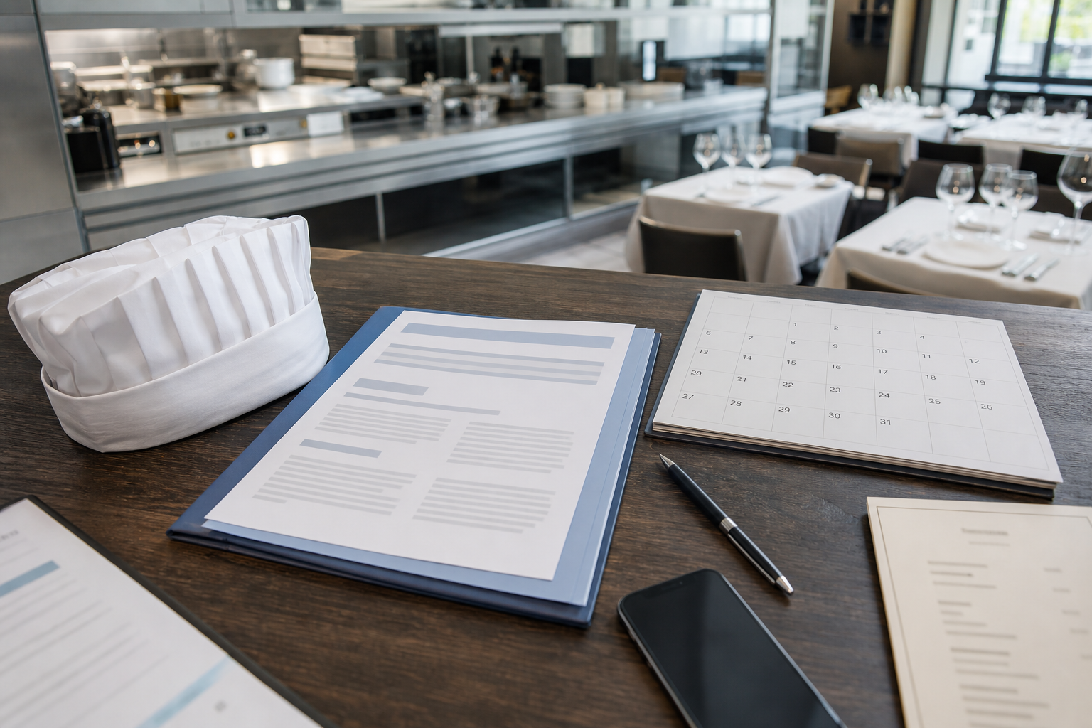 Vue plongeante d’un bureau CHR avec dossier d’apprentissage, toque pliée et salle de restaurant floue en arrière-plan, illustrant le maître d’apprentissage HCR en 2026.