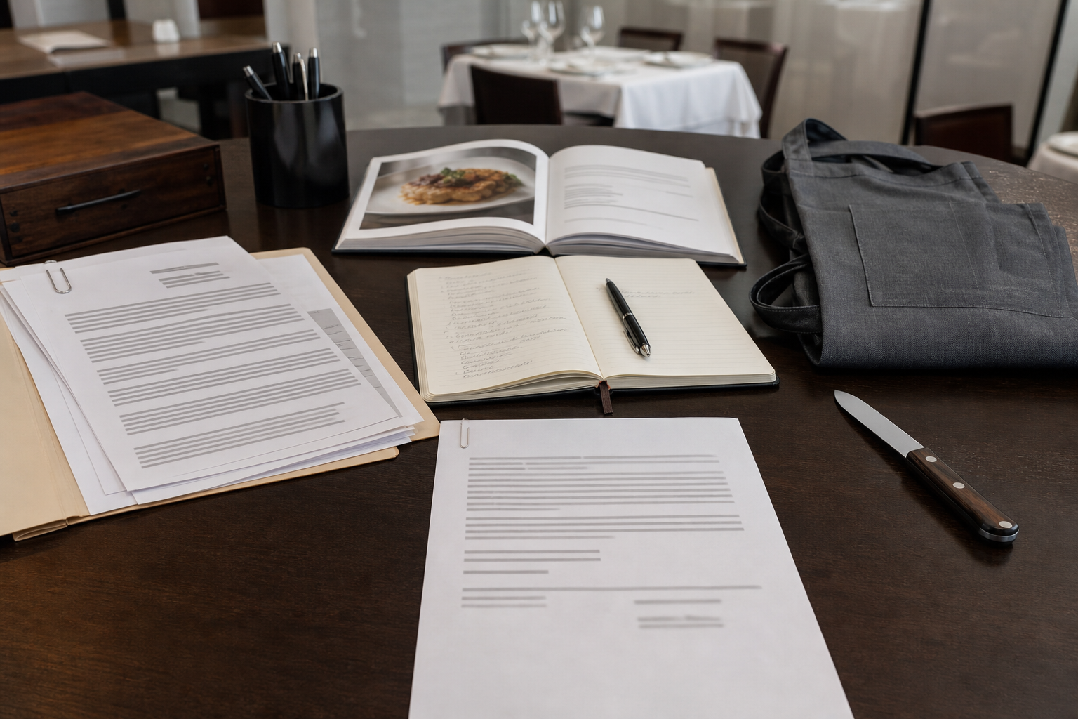 Vue de dessus d'un bureau sombre avec dossier disciplinaire flou, stylo et tablier de service, dans un contexte CHR.