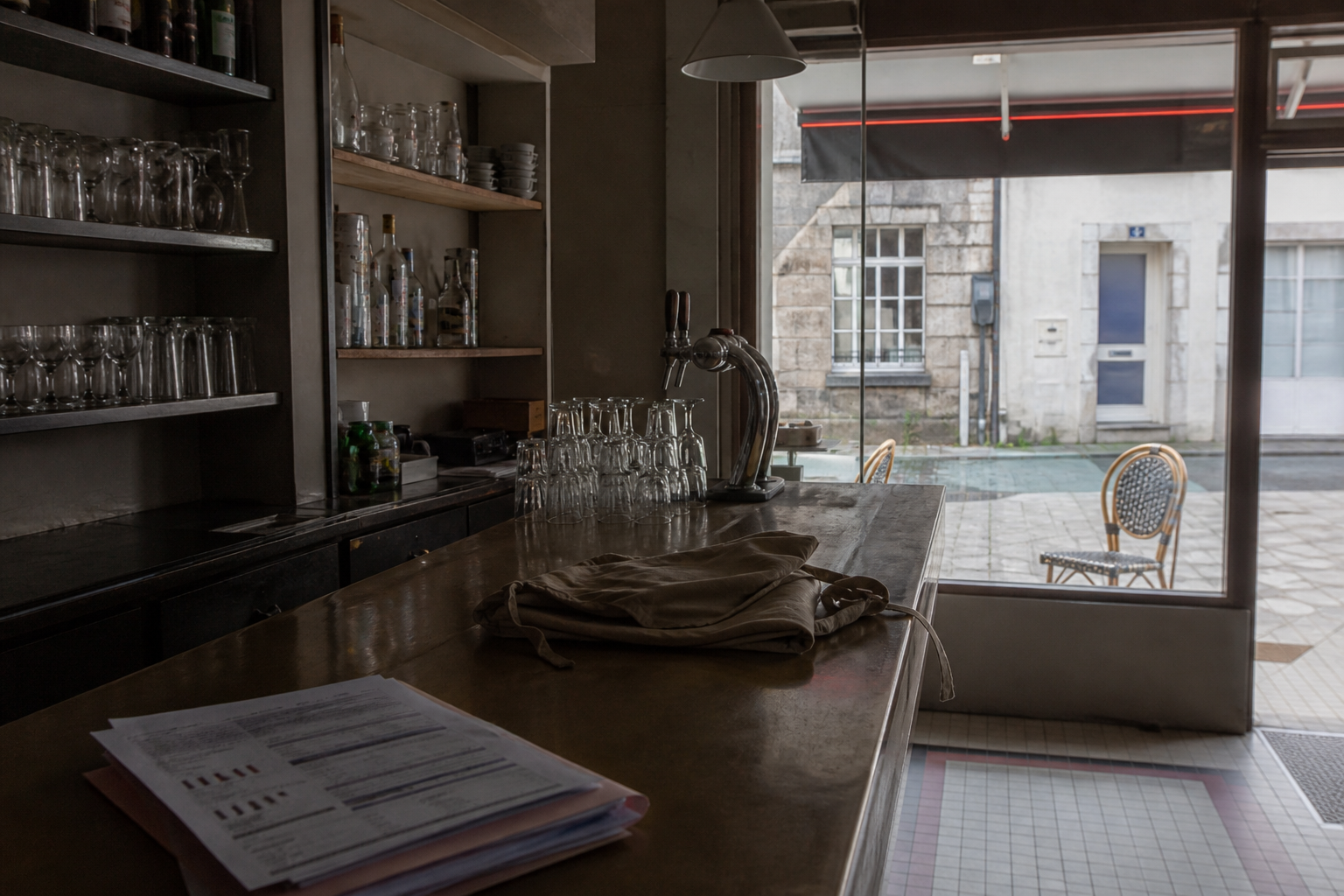 Comptoir de bar vide avant ouverture, avec papiers administratifs flous et mobilier de terrasse visible en arrière-plan.