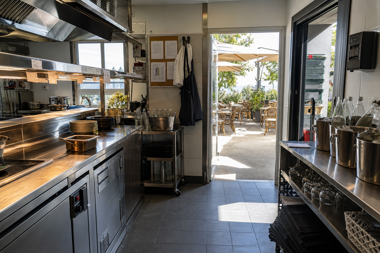 Cuisine de restaurant et terrasse CHR en plein été pour illustrer le décret canicule 2025, avec ventilation, zone ombragée et matériel de prévention de la chaleur.