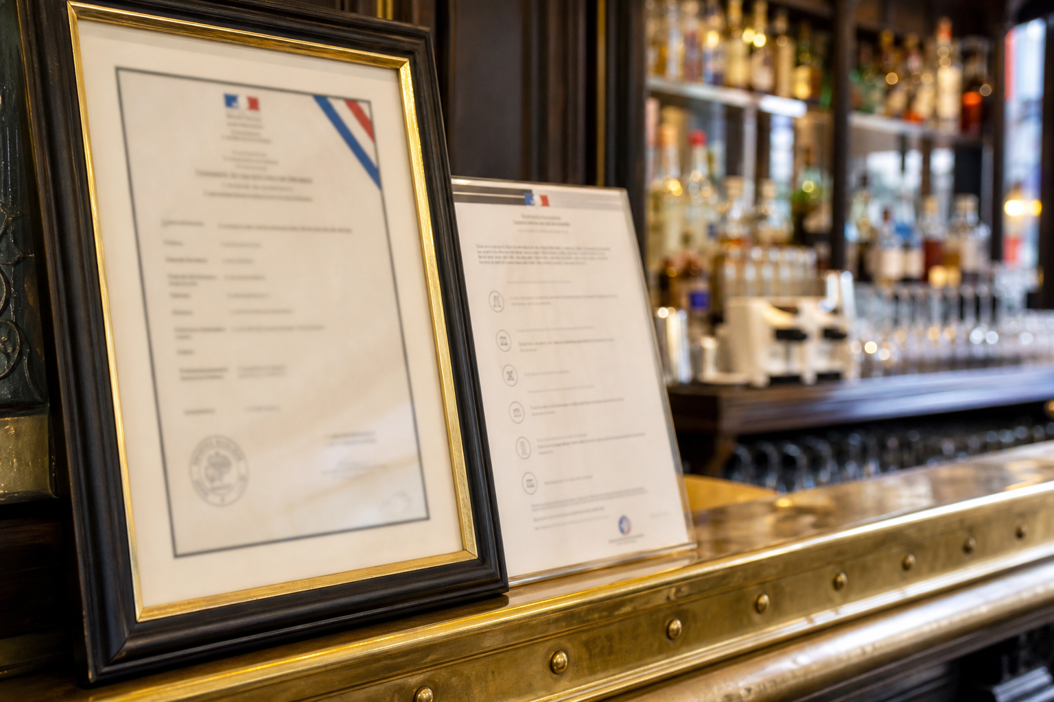 Gros plan sur un document réglementaire encadré derrière un comptoir de bar, avec verres et bouteilles floutés en arrière-plan.
