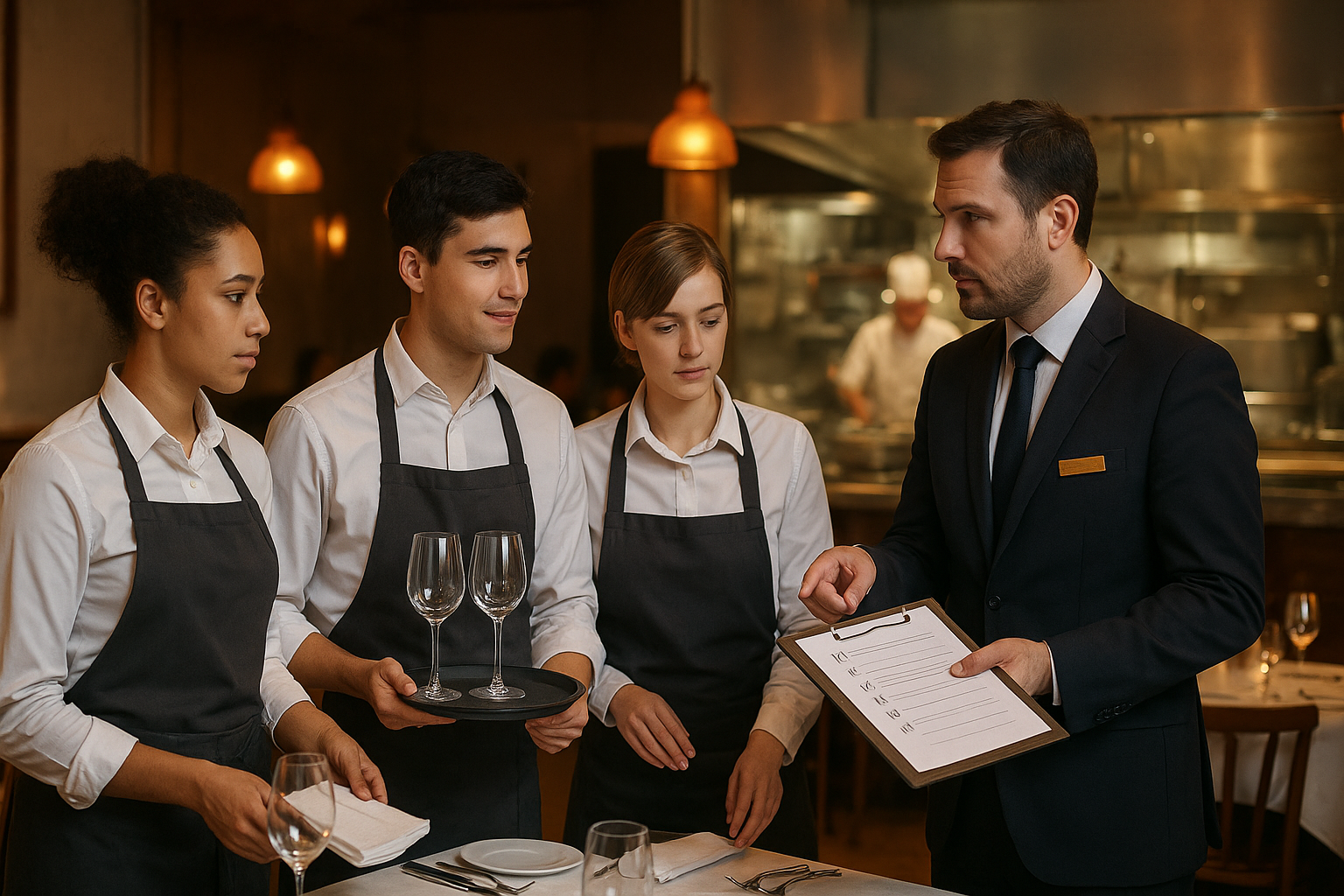 Jeunes en alternance dans un restaurant français, coachés par un mentor avant le service, avec la cuisine professionnelle en arrière-plan