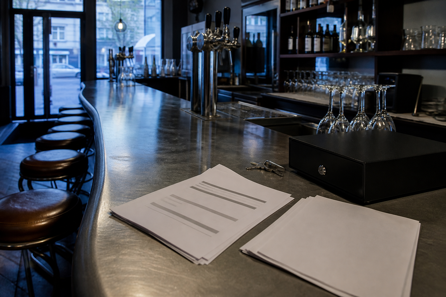 Comptoir de bar vide avant ouverture, avec verres, clés et documents flous, dans une ambiance de reprise d’établissement.